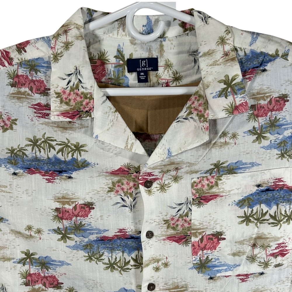George Mens 2XL Cream Beach Scenic Tropical Camp Shirt Linen Blend New